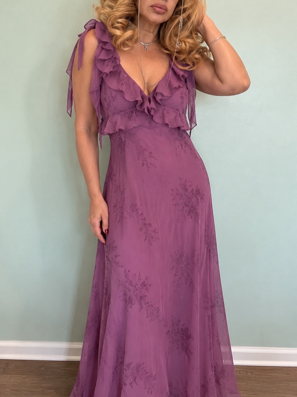 RIHOAS Purple Mauve Floral Chiffon Maxi Dress Ruffle Tie Straps Small